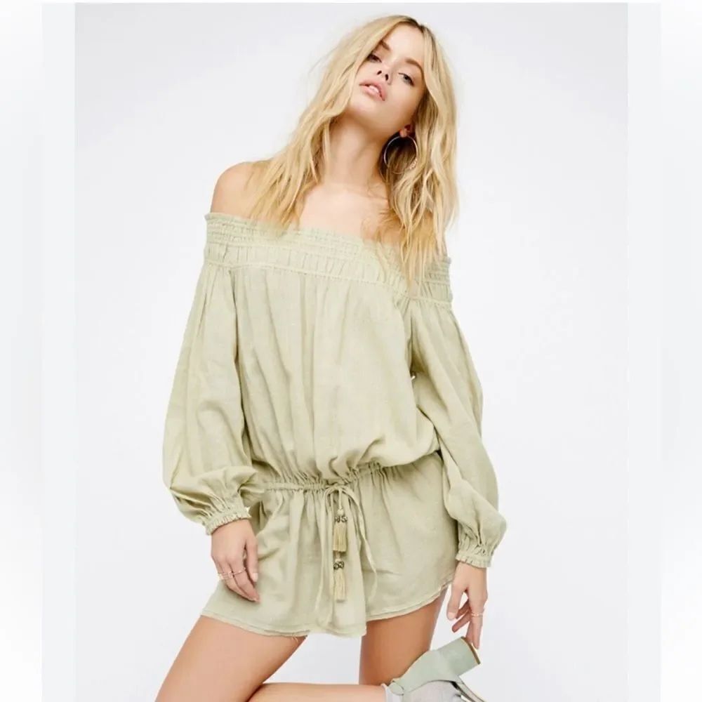 Free People Linen Blend Off The Shoulder Drop Waist Dress NWT